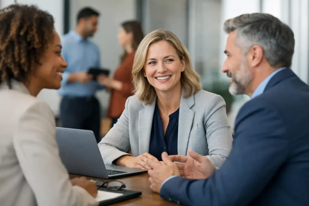 HR consultant discussing staffing solutions with business clients